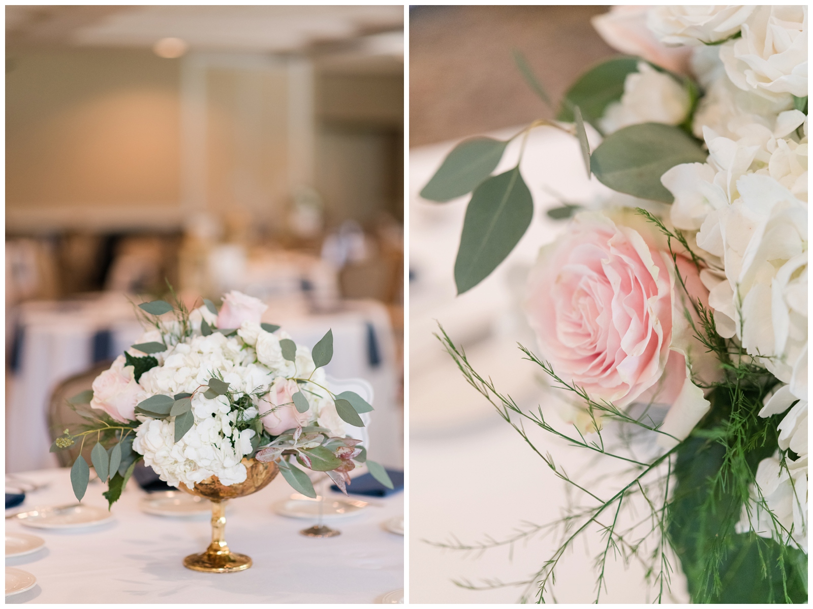 pale pink rose floral centerpieces in gold vases for elegant Brookside Golf and Country Club wedding