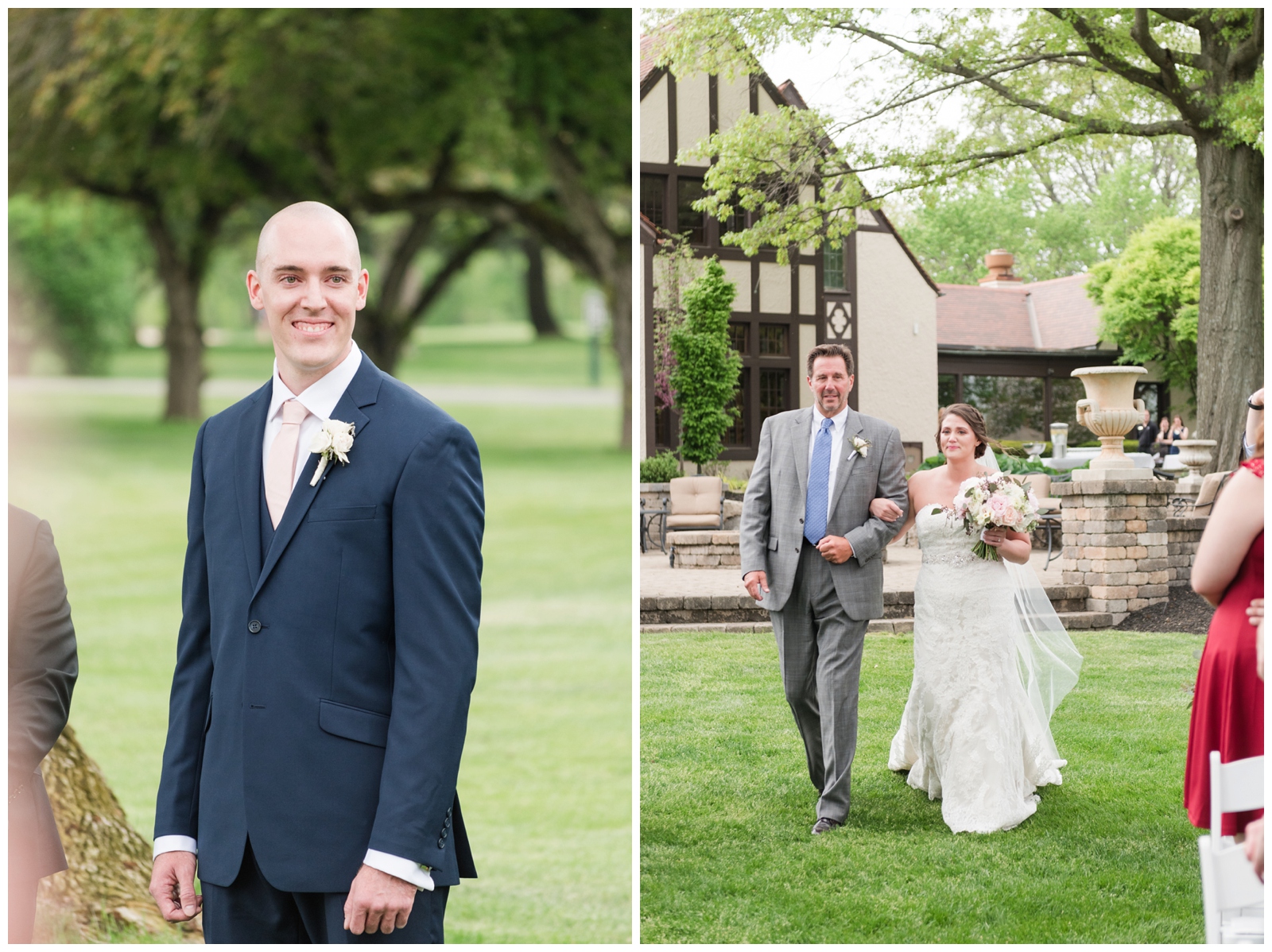 groom sees his bride walk down the aisle with her father at Brookside Golf and Country Club