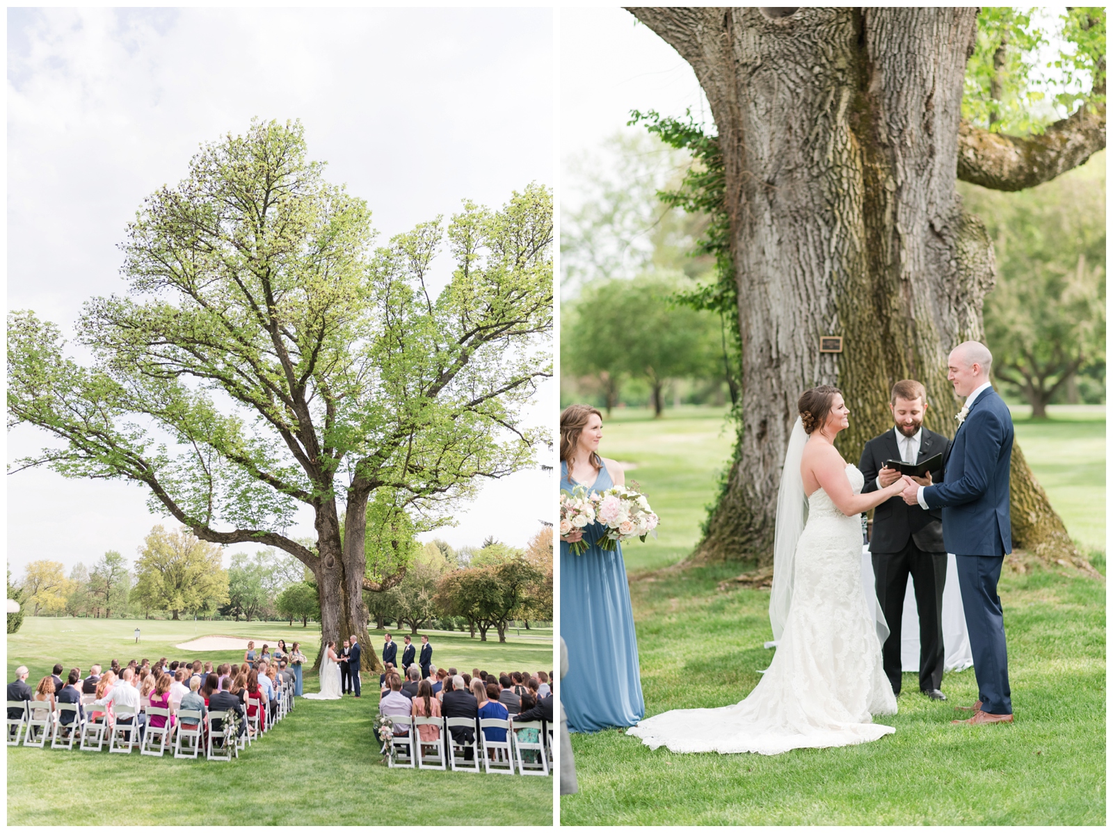 elegant Brookside Golf and Country Club wedding ceremony outdoors by large tree on green