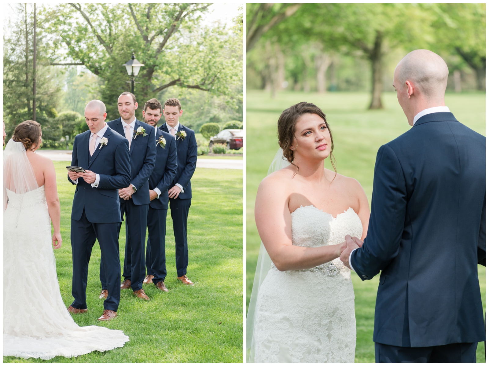 groom reads vows to bride during wedding ceremony at Brookside Golf and Country Club