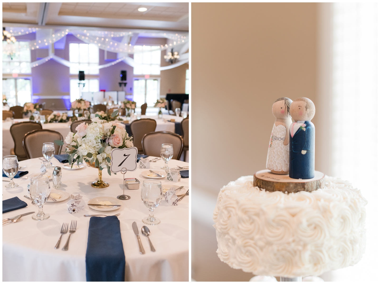 wedding reception tables with navy napkins and script number centerpieces and wooden figurines of bride and groom atop wedding cake