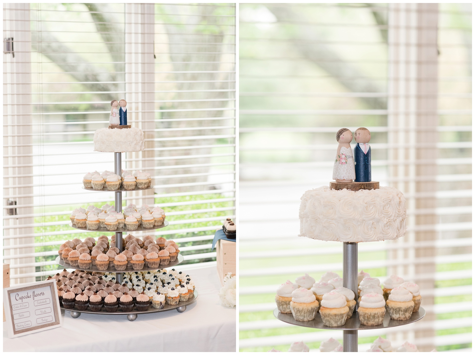 wedding cupcakes with tiny wooden figurines at top of display by Polkadot Cupcakery