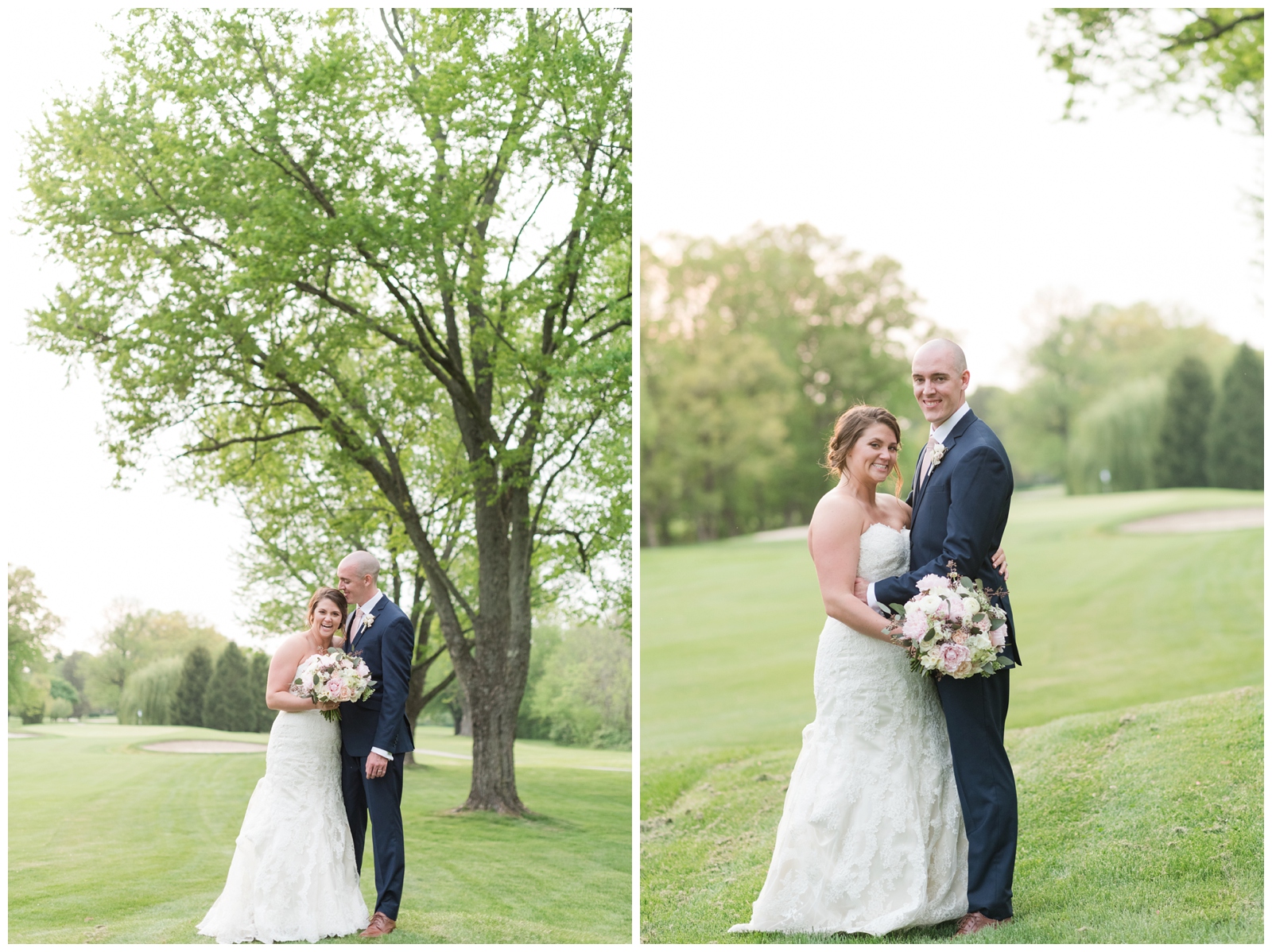 bride and groom hug on green at Brookside Golf and Country Club for wedding photos