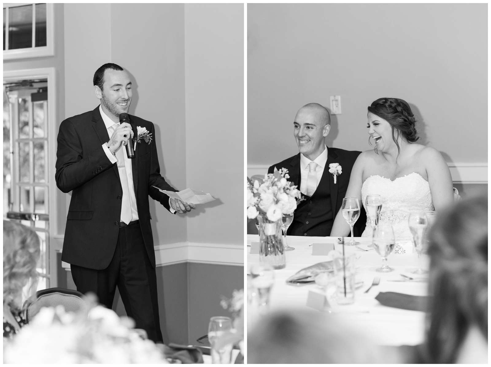 groomsman toasts bride and groom during wedding reception while bride laughs