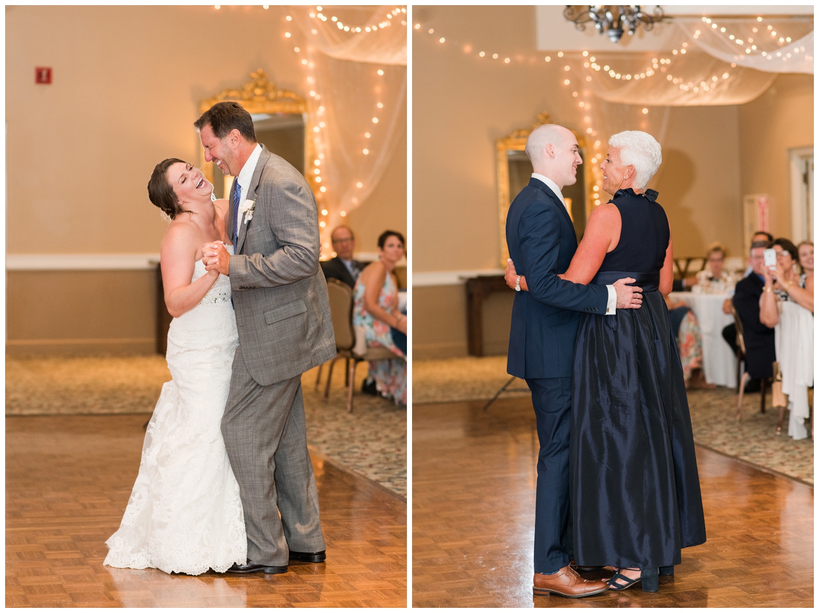 bride dances with father and groom dances with mother in navy gown during Ohio wedding reception