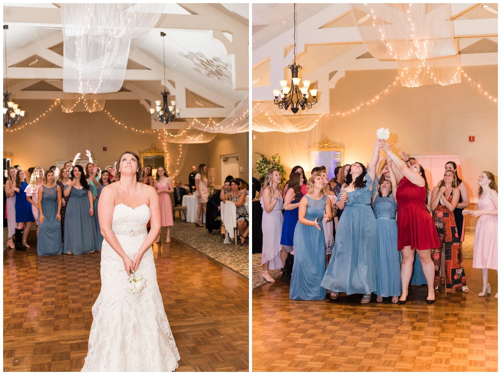 bride tosses small white bouquet to bridesmaids in blue dresses and women at wedding