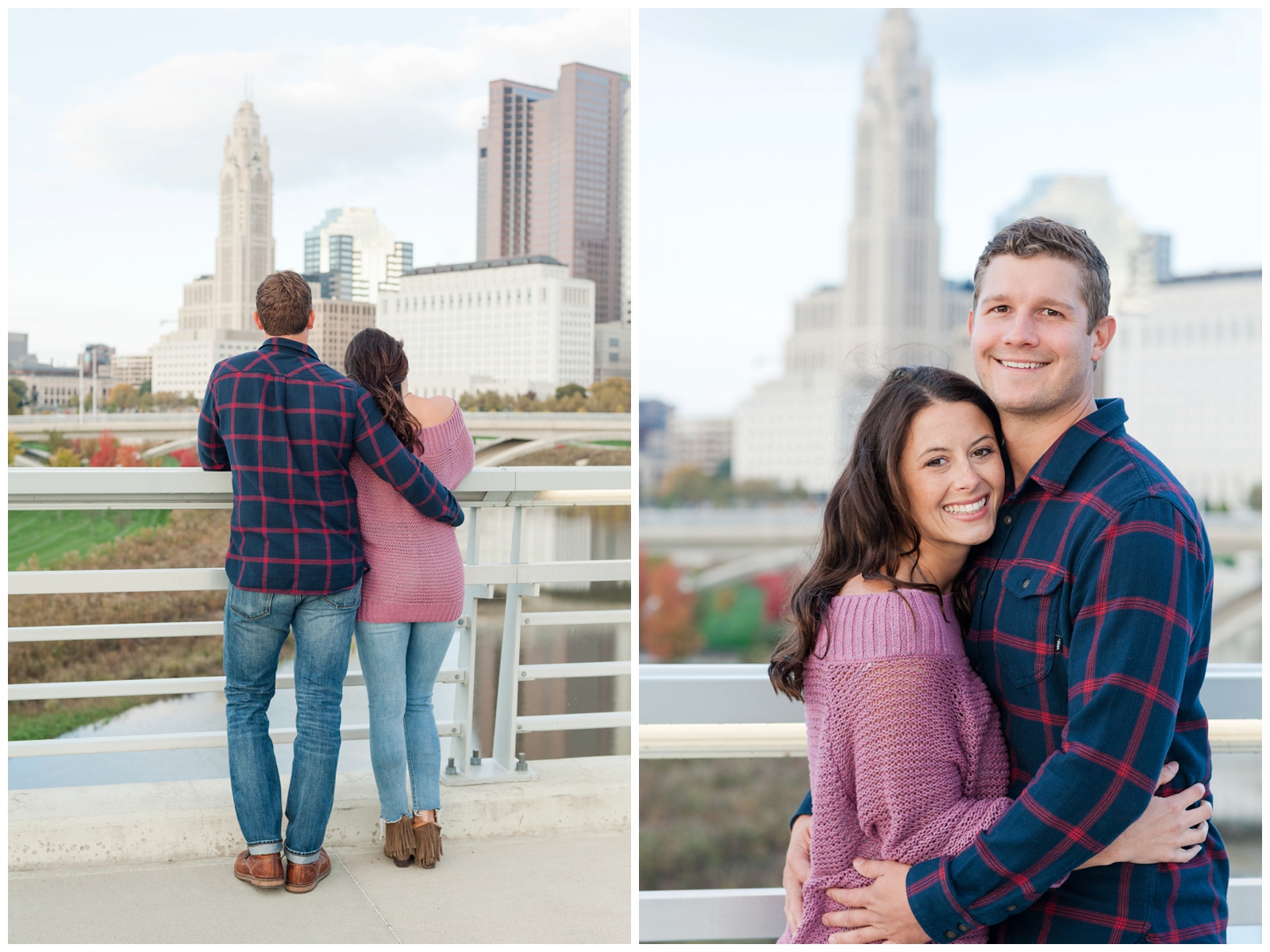 downtown columbus ohio engagement session scioto mile and genoa park in early november. fall engagement session with columbus city skyline in the background