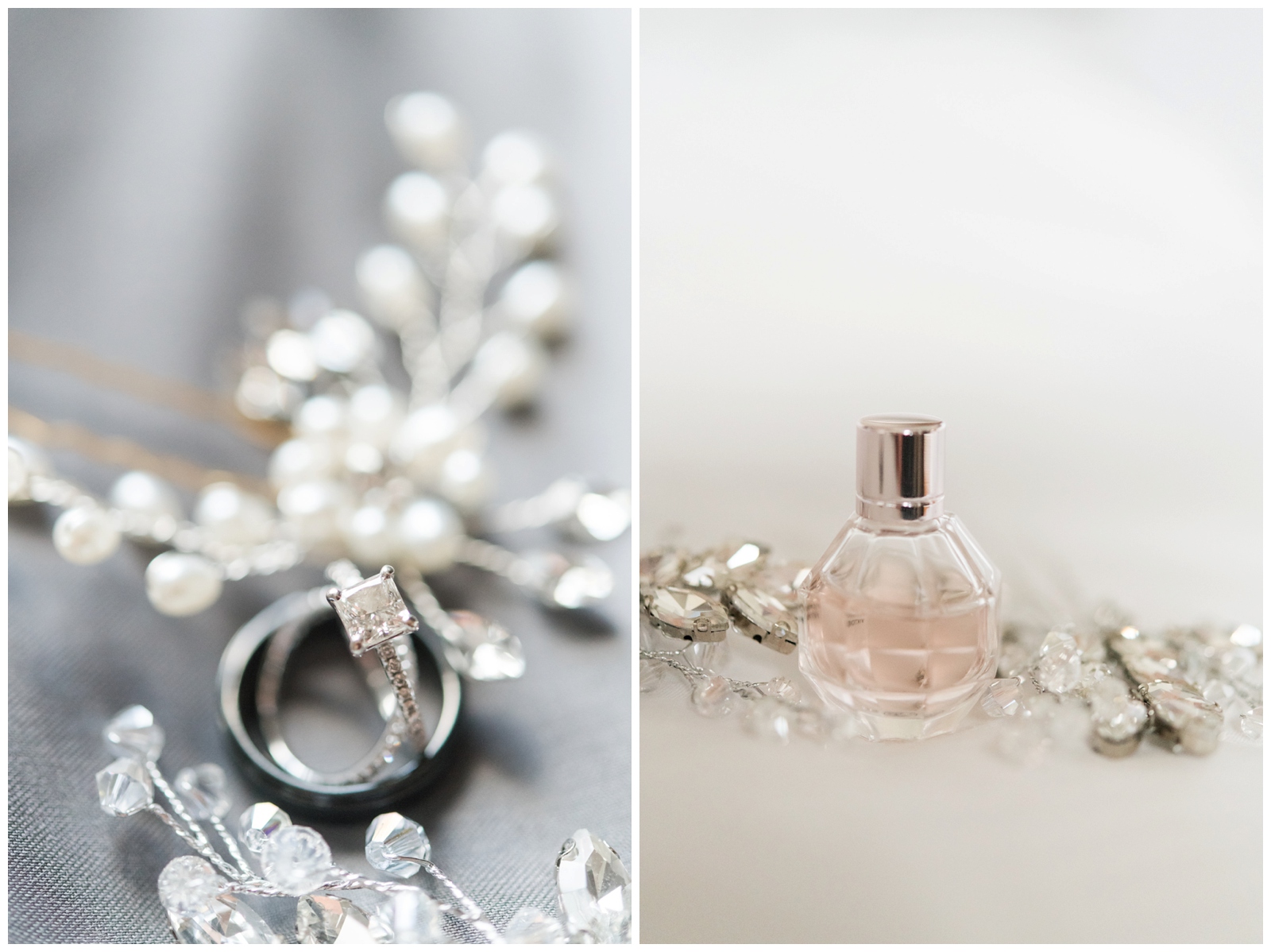 wedding bands stacked by bride's hairpiece and bride's bottle of perfume photographed for Ohio wedding