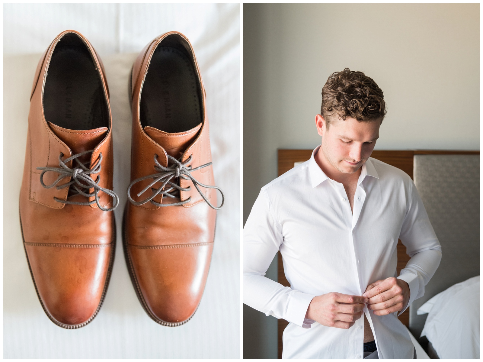 groom's tan shoes sitting on bed while groom prepares for The Wells Barn wedding day