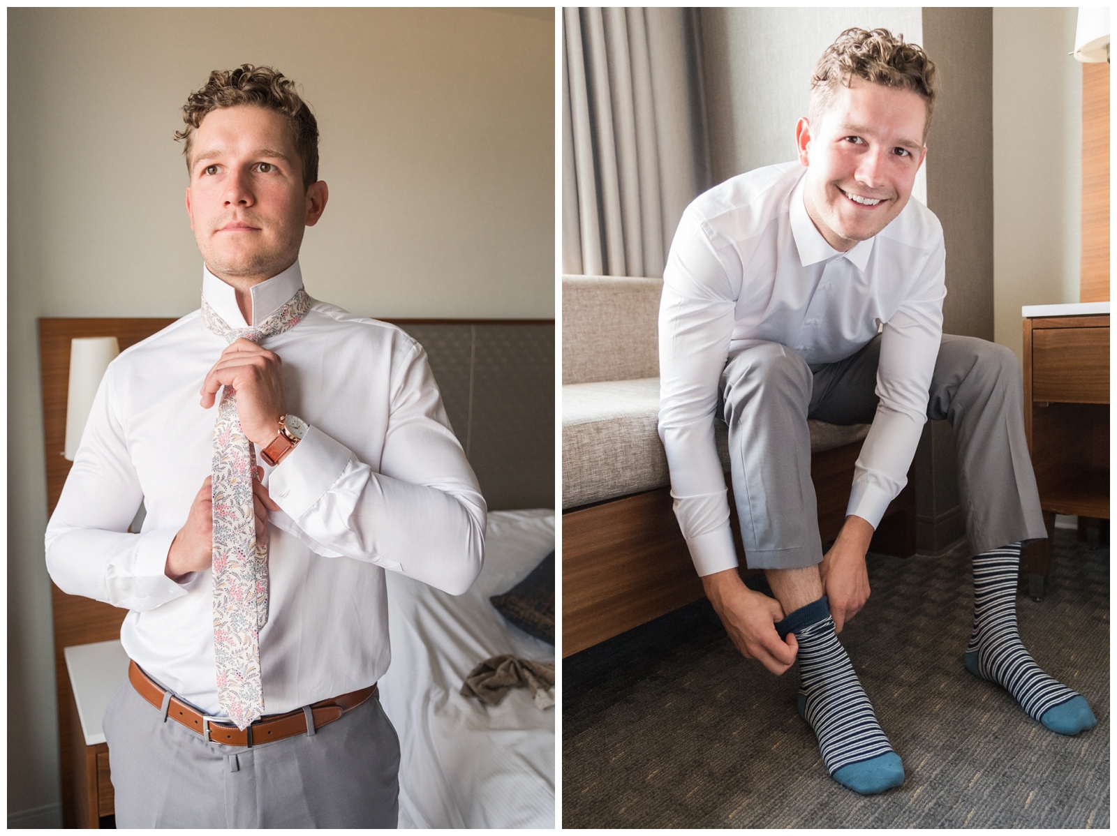 groom puts on paisley tie and socks before wedding day at The Wells Barn