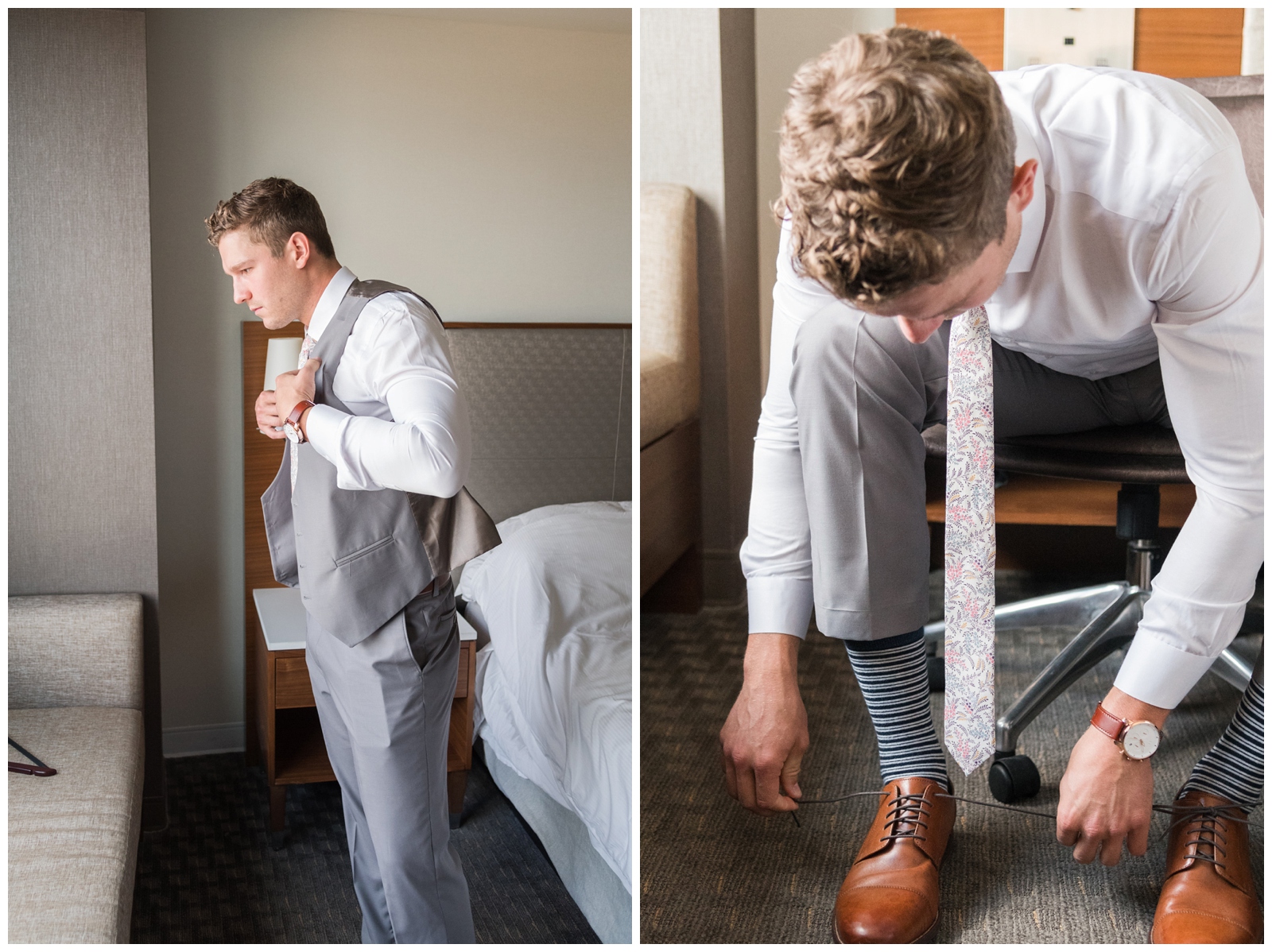 groom puts on grey vest and ties brown shoes before Franklin Park Conservatory wedding day