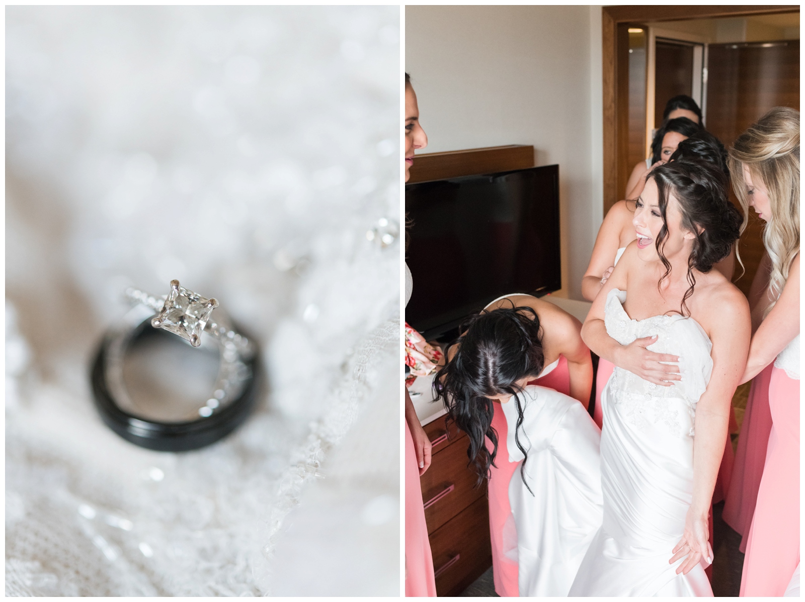 diamond engagement ring sits atop groom's wedding ring while bridesmaids in coral gowns help bride into strapless wedding gown