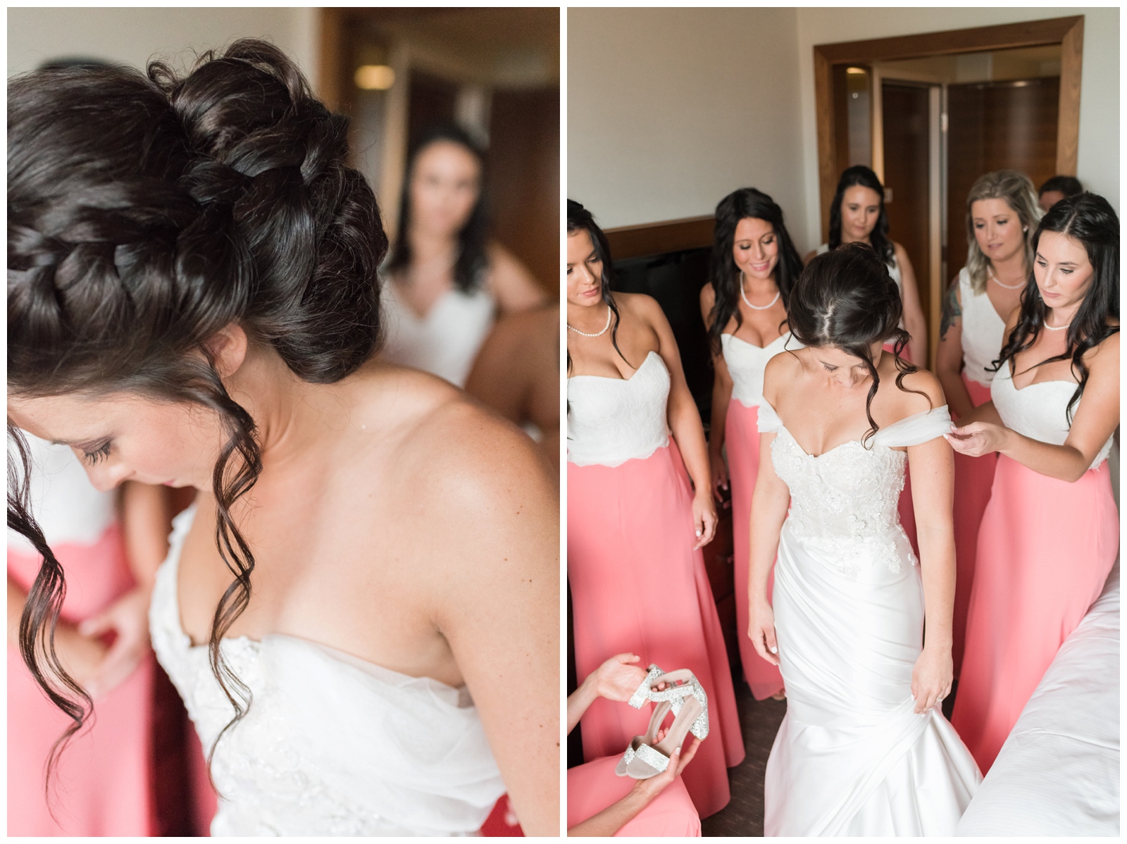 bride with hair in updo prepares for wedding day with bridesmaids in white and coral gowns