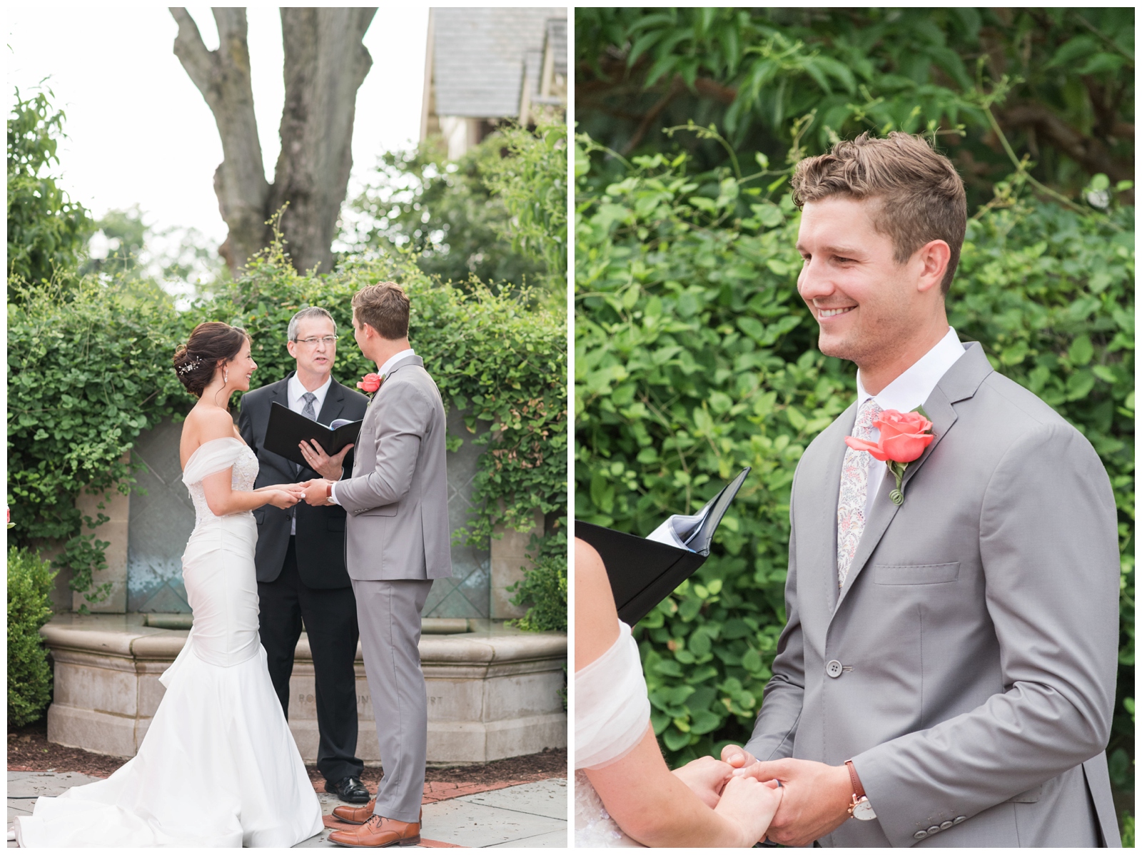 groom smiles at his bride during vows at outdoor garden wedding ceremony in Franklin Park Conservatory