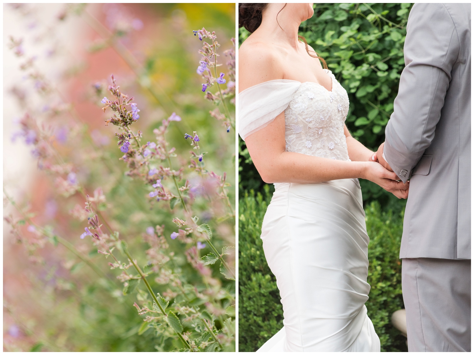 purple floral details with bride and groom holding hands during wedding ceremony at The Wells Barn