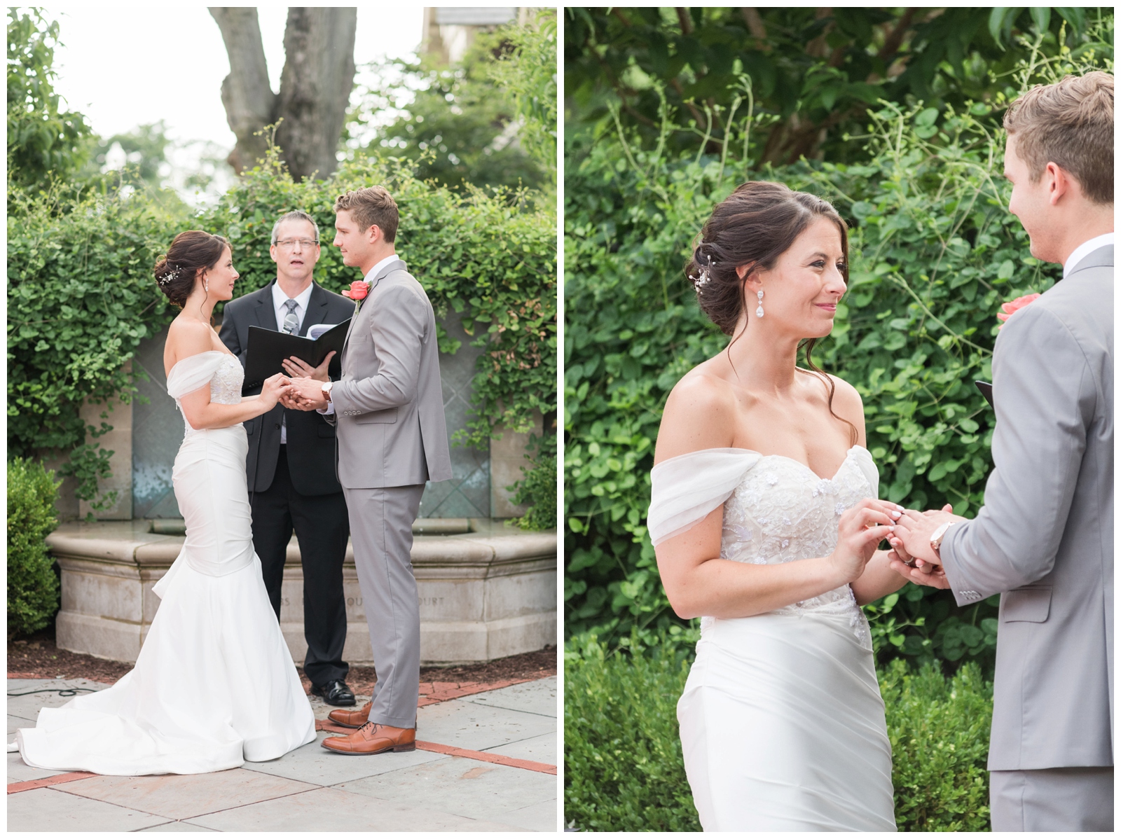 bride and groom exchange rings during outdoor wedding ceremony at Franklin Park Conservatory's The Wells Barn