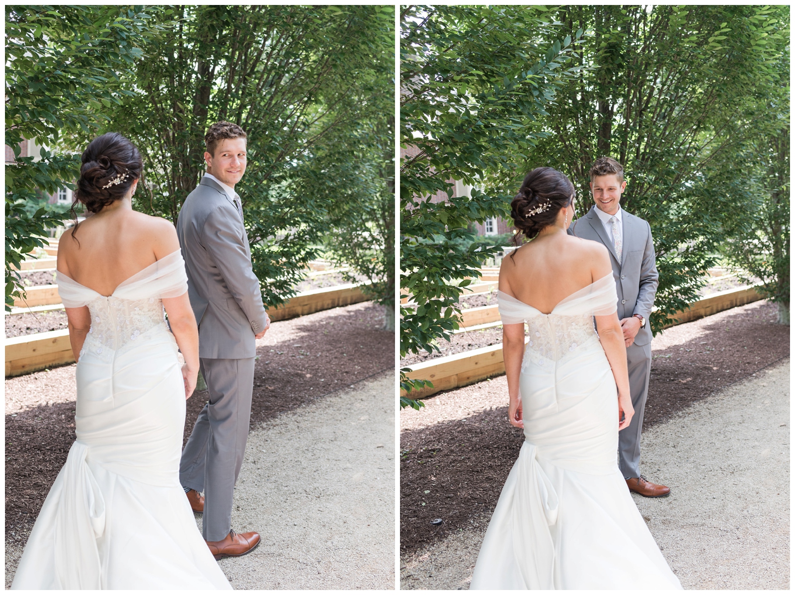 bride and groom have romantic first look at Franklin Park Conservatory in Ohio