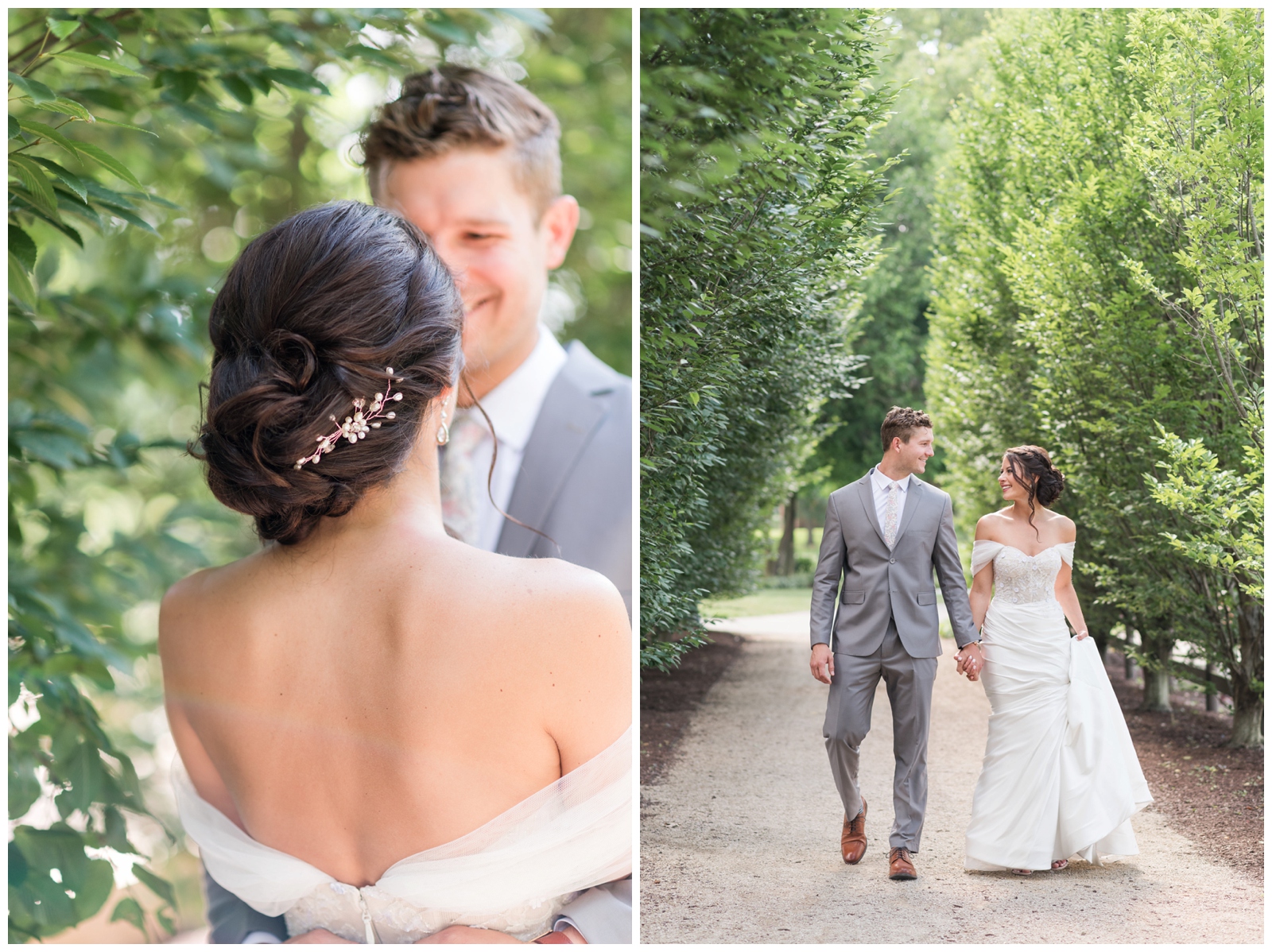bride and groom embrace during portraits and walk between trees at Franklin Park Conservatory holding hands