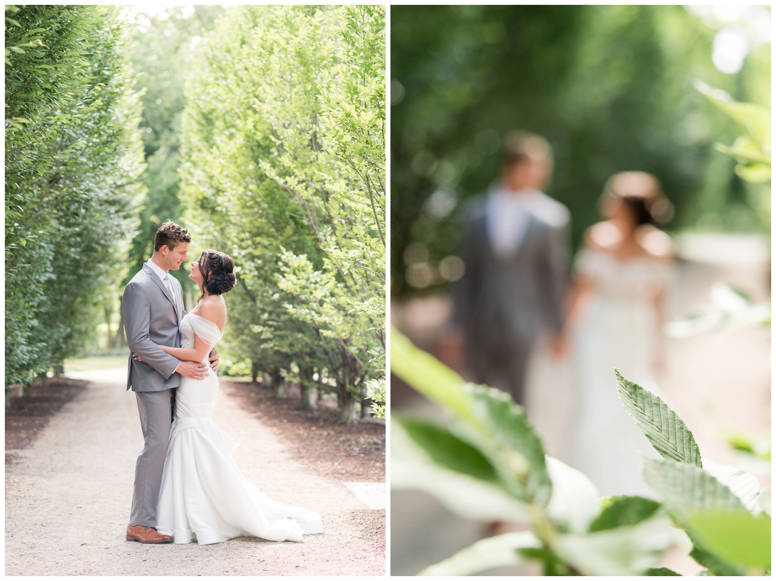 newlyweds embrace during portraits among trees at Franklin Park Conservatory