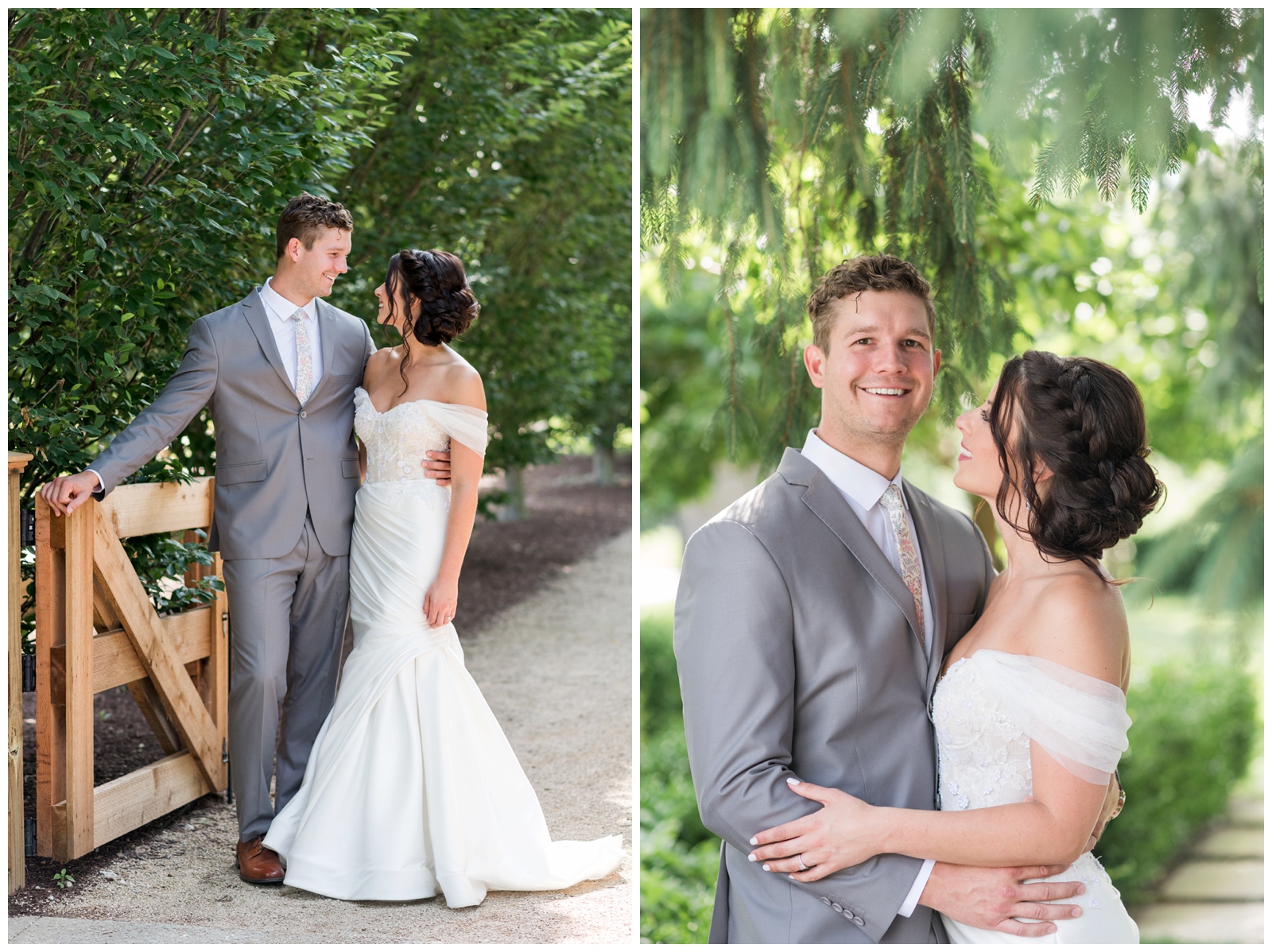 groom holds his bride in off-the-shoulder gown at Franklin Park Conservatory gate for wedding photos