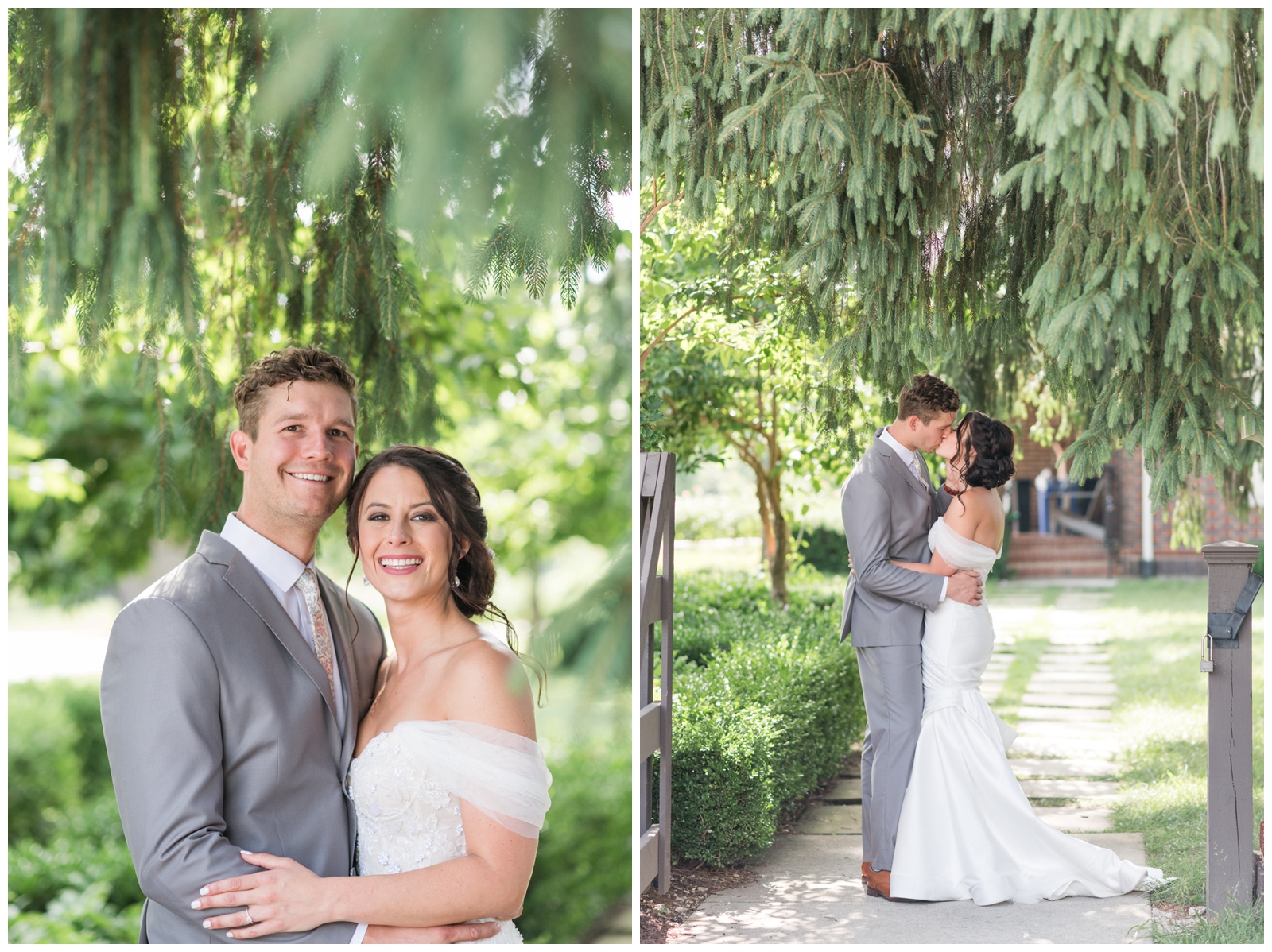 bride and groom kiss under trees along walkway at Franklin Park Conservatory