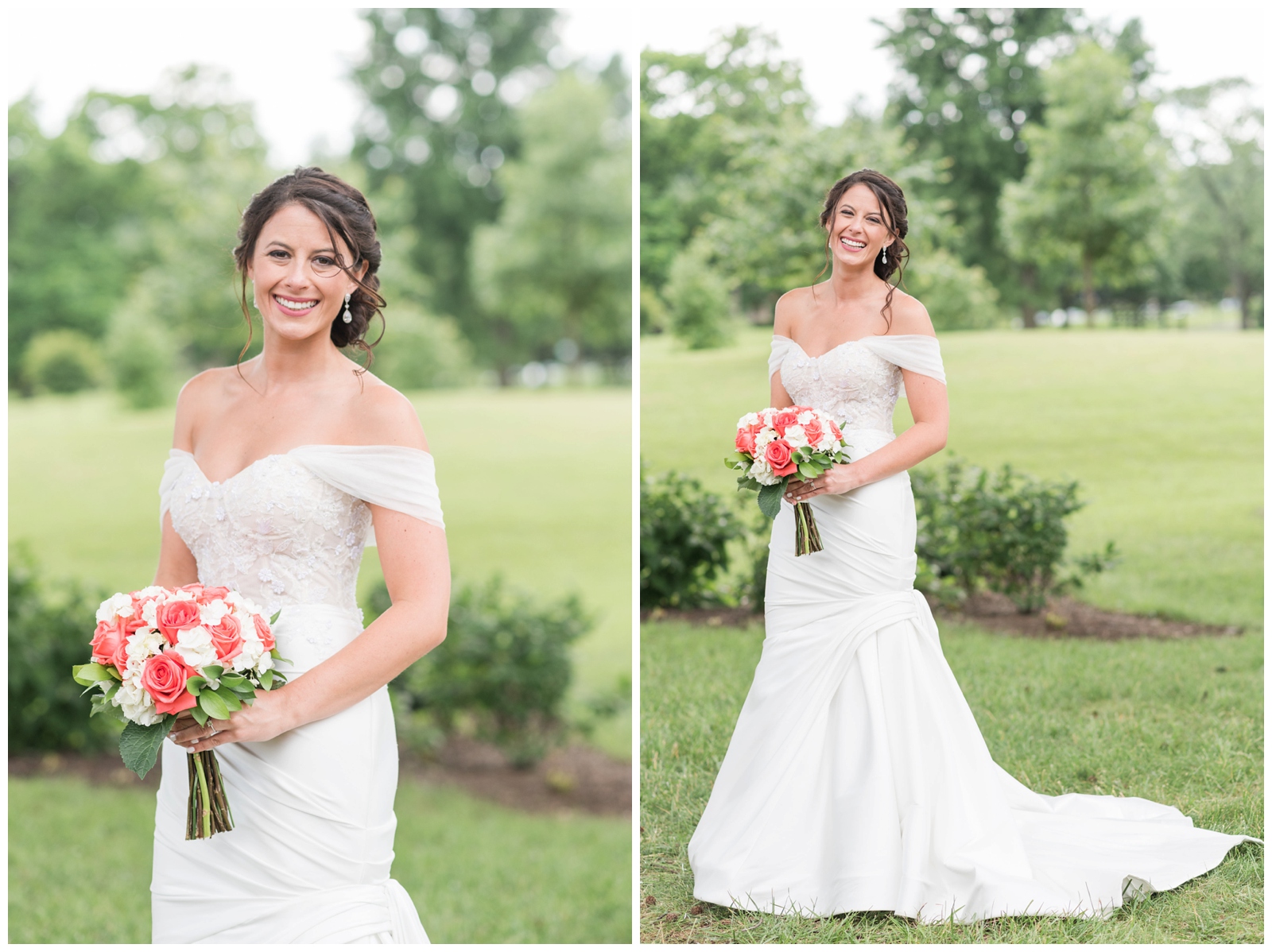 June wedding bridal portrait of bride with off-the-shoulder gown and bouquet with coral roses