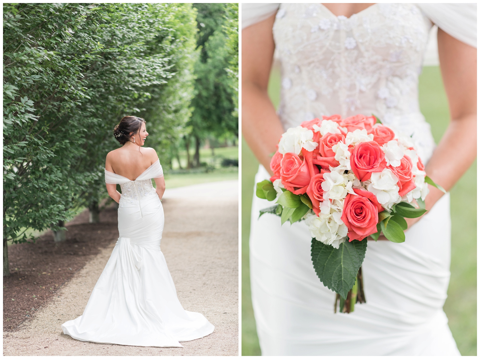 bride poses along walkway with trees with wedding bouquet of coral roses and white flowers