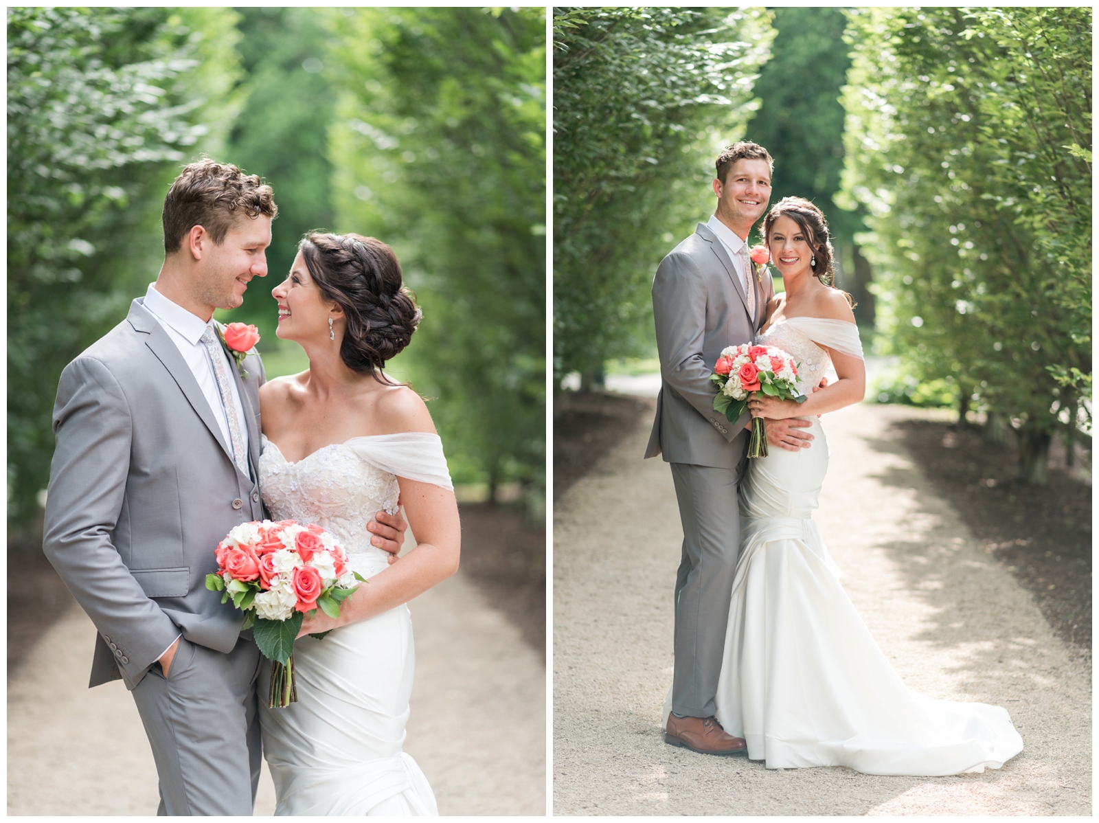 groom hugs bride with wedding bouquet of white flowers and coral roses before wedding at The Wells Barn