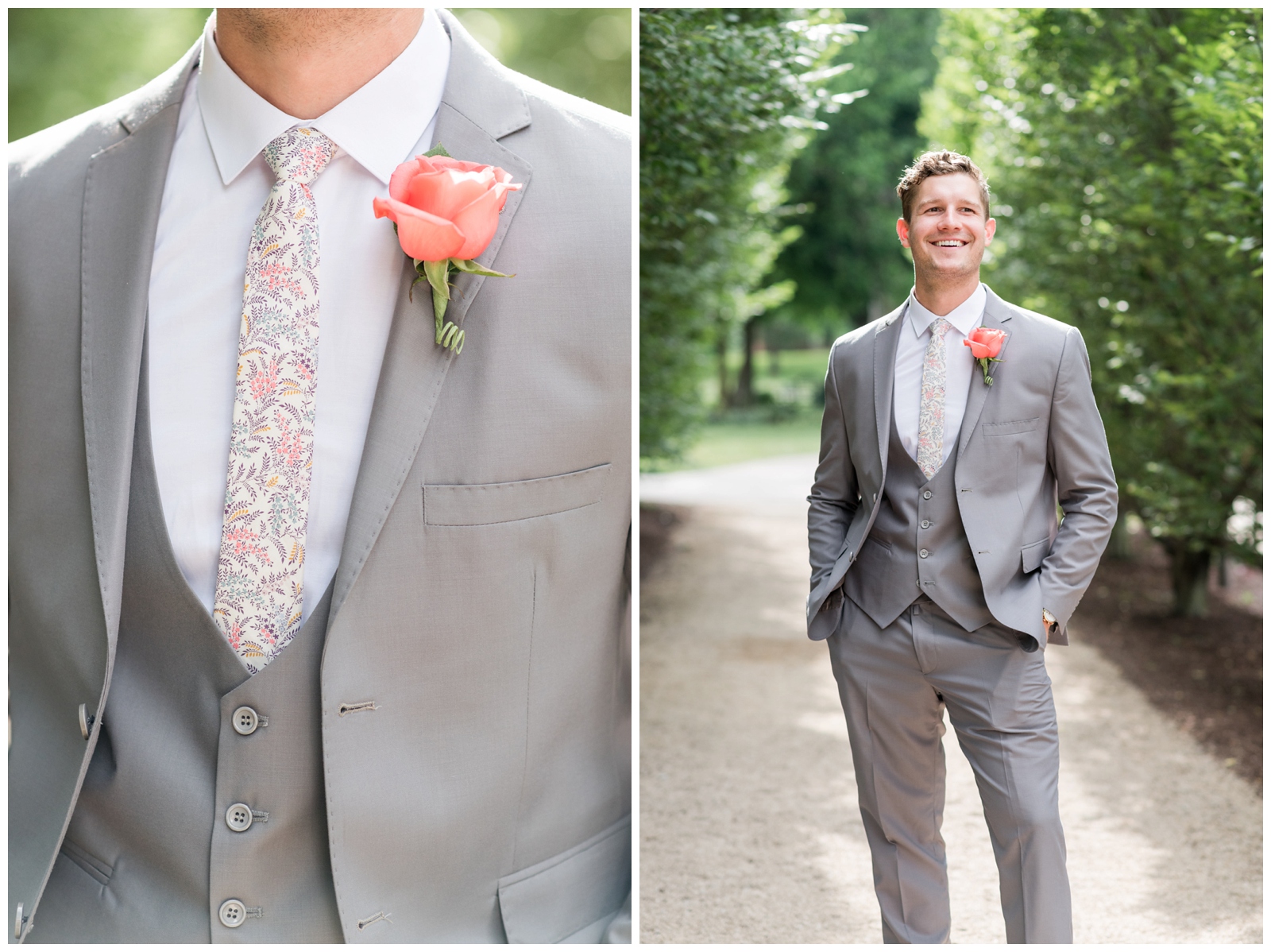 portrait of the groom wearing grey suit with a paisley tie and coral rose boutonniere on his wedding day