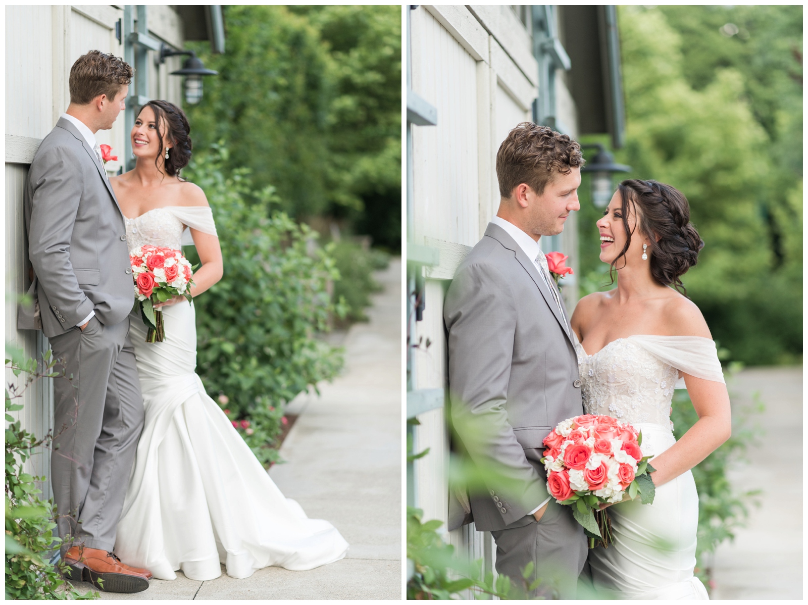 bride and groom lean against barn doors looking at each other while bride holds coral and white floral bouquet in off the shoulder gown