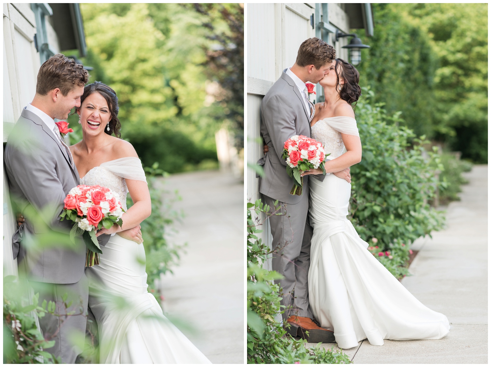 bride and groom laugh and kiss during wedding portraits along barn in Franklin Park Conservatory