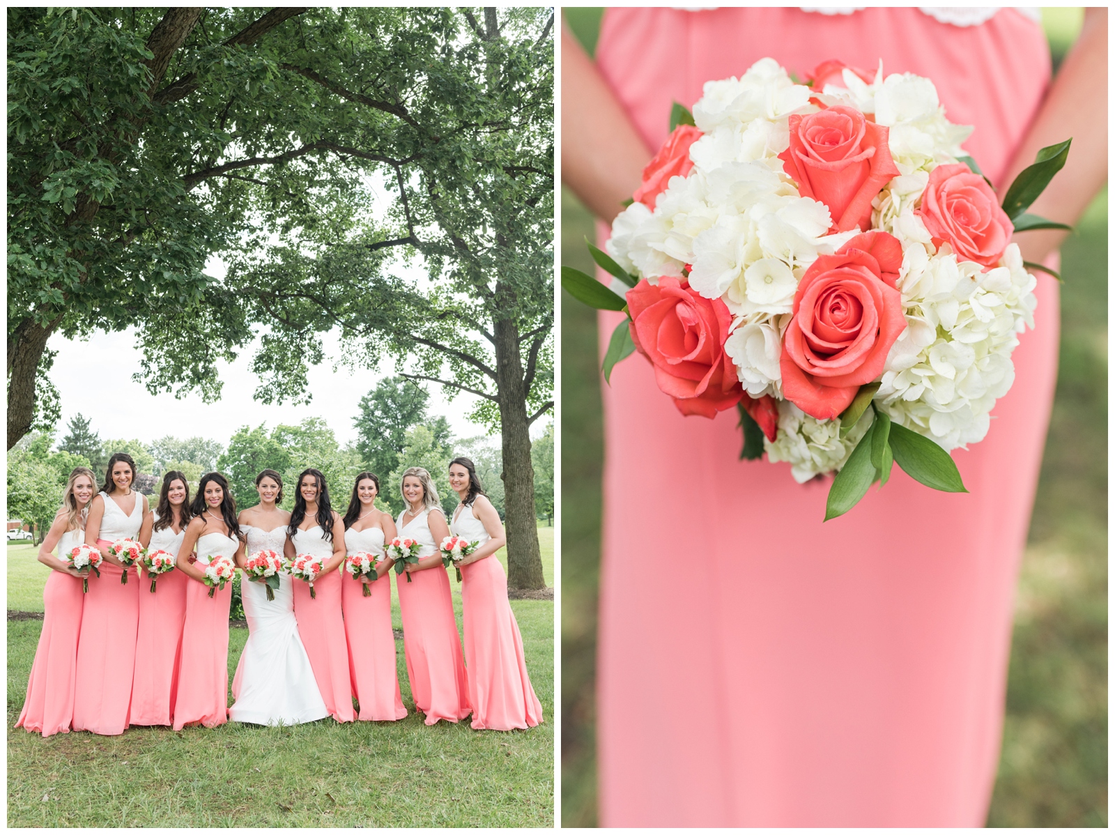 bride poses with bridesmaids in coral gowns with white tops and bouquets with coral and white flowers