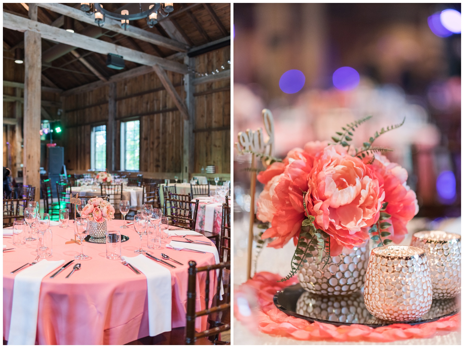coral peony centerpieces in silver vases on tables with coral tablecloths in The Wells Barn