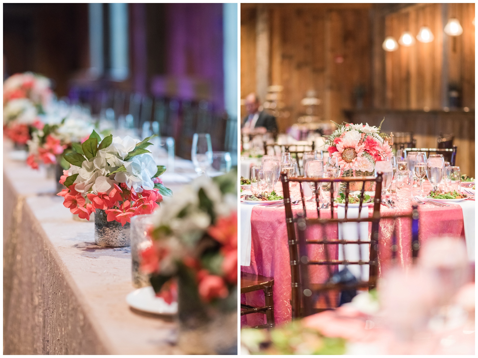 centerpieces with coral and white flowers for summer reception at The Wells Barn