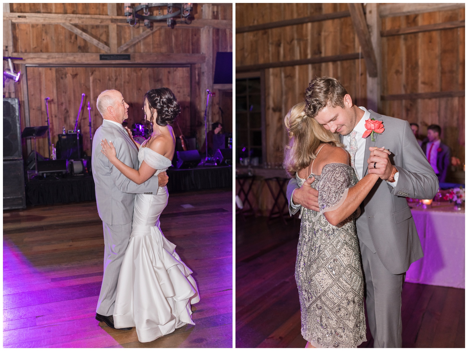 bride and father dance and mother and groom dance during wedding at The Wells Barn