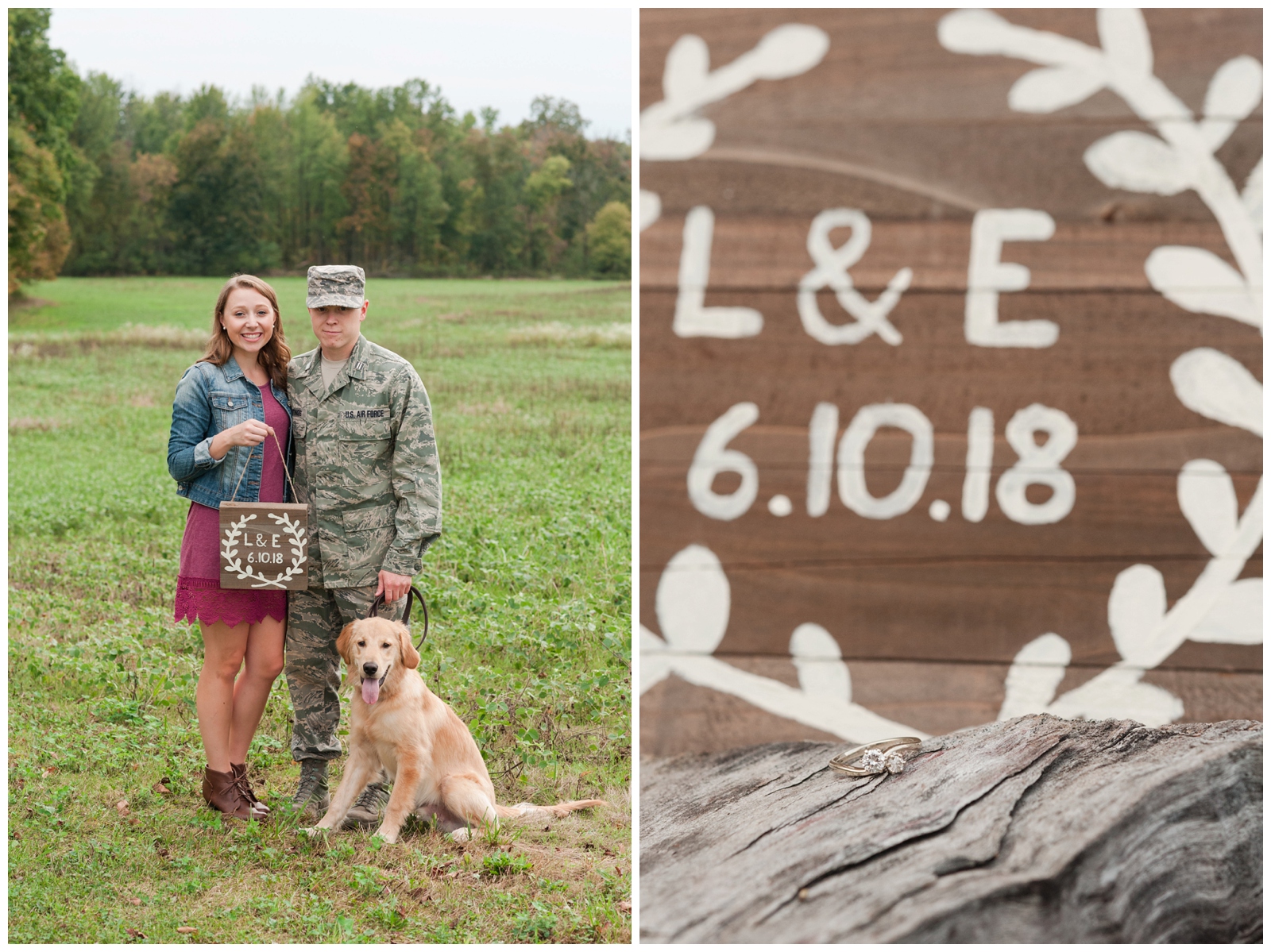 Engaged couple looking at camera in wheat field with burgundy dress and military bdus on in Country Engagement Session Sunbury Ohio with a golden retriever dog and ring image