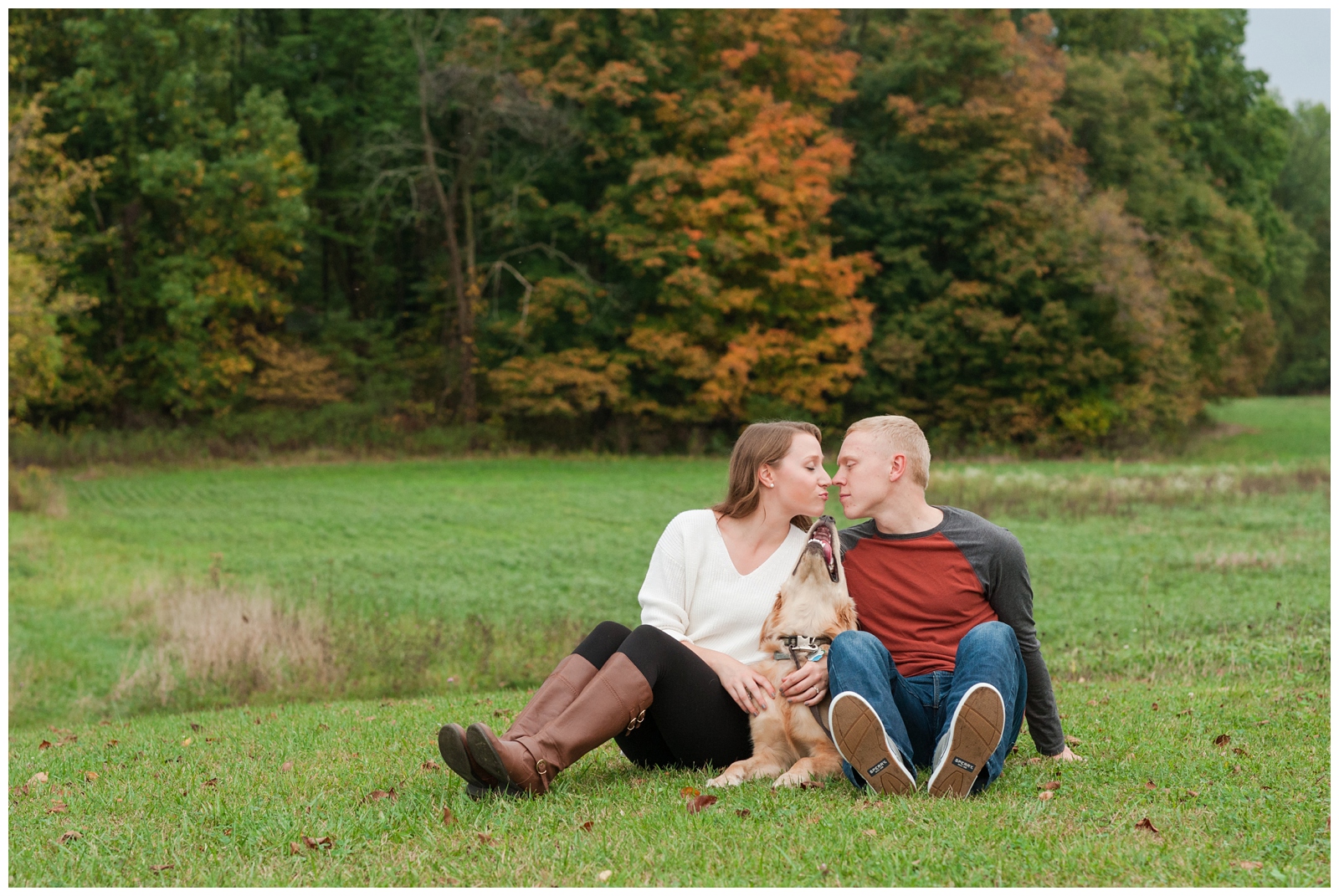 engaged couple almost kissing with their golden lab dog looking at them while sitting in grass during country engagement session in sunbury ohio 