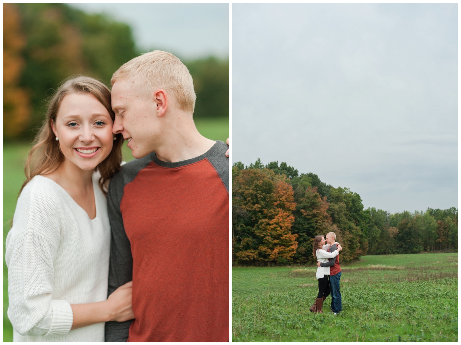 engaged couple happily and romantically hugging eachother during fall engagement session 