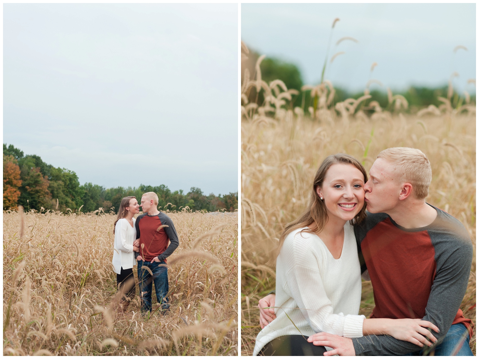 engaged couple share kisses with each other in a wheat field 