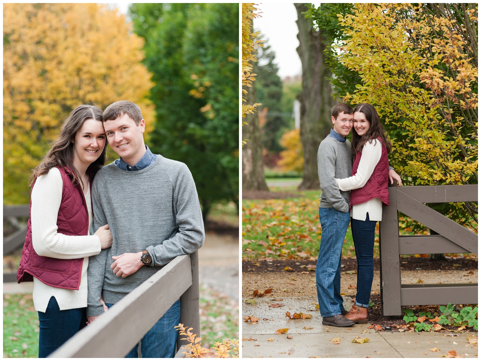 fall engagement photo at the well barn in columbus ohio. girl and boy looking at camera in fall clothes 