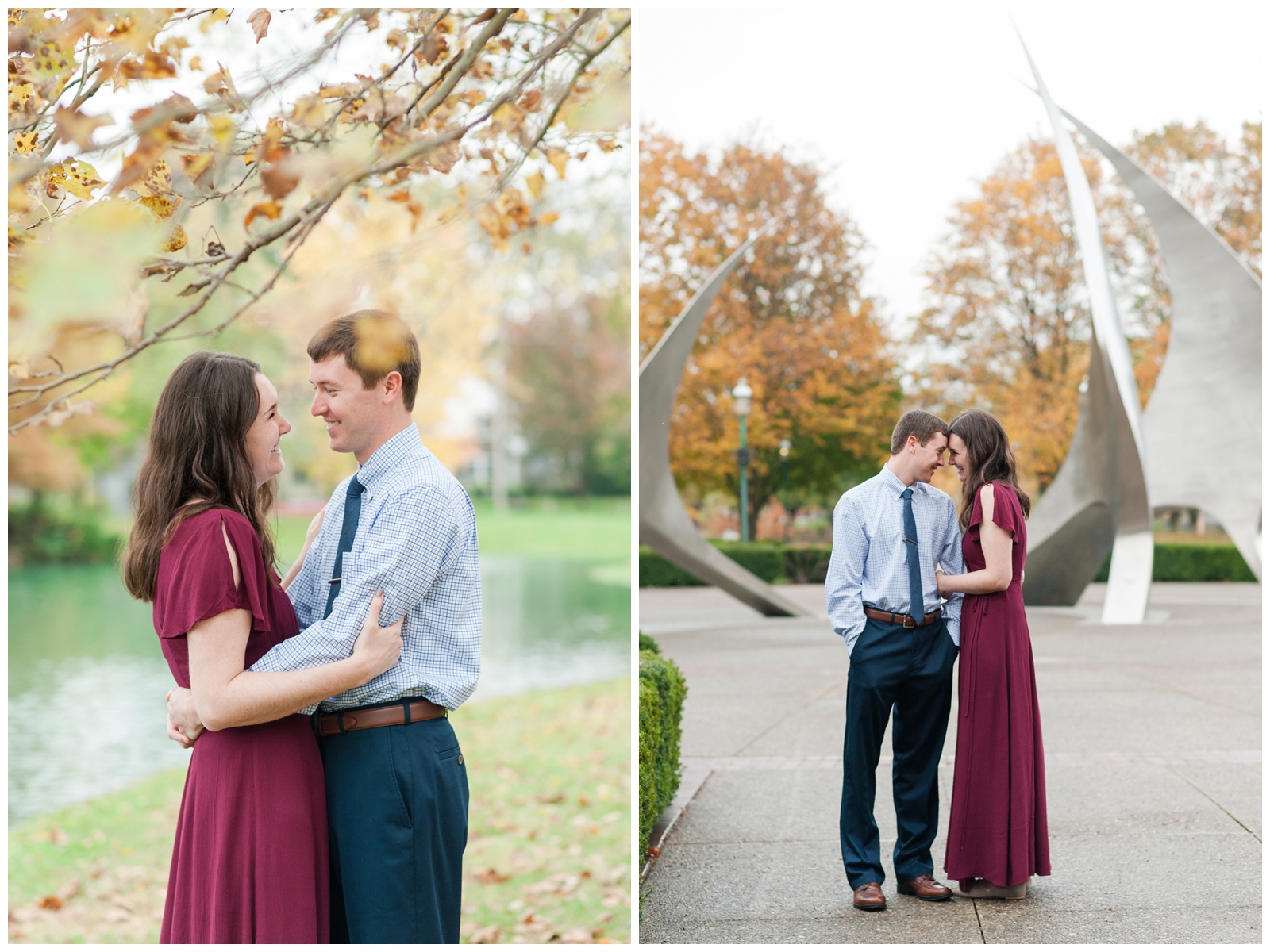 Beautiful fall Franklin Park Conservatory Engagement Session. two photos both with an engaged couple looking at each other in formalwear 