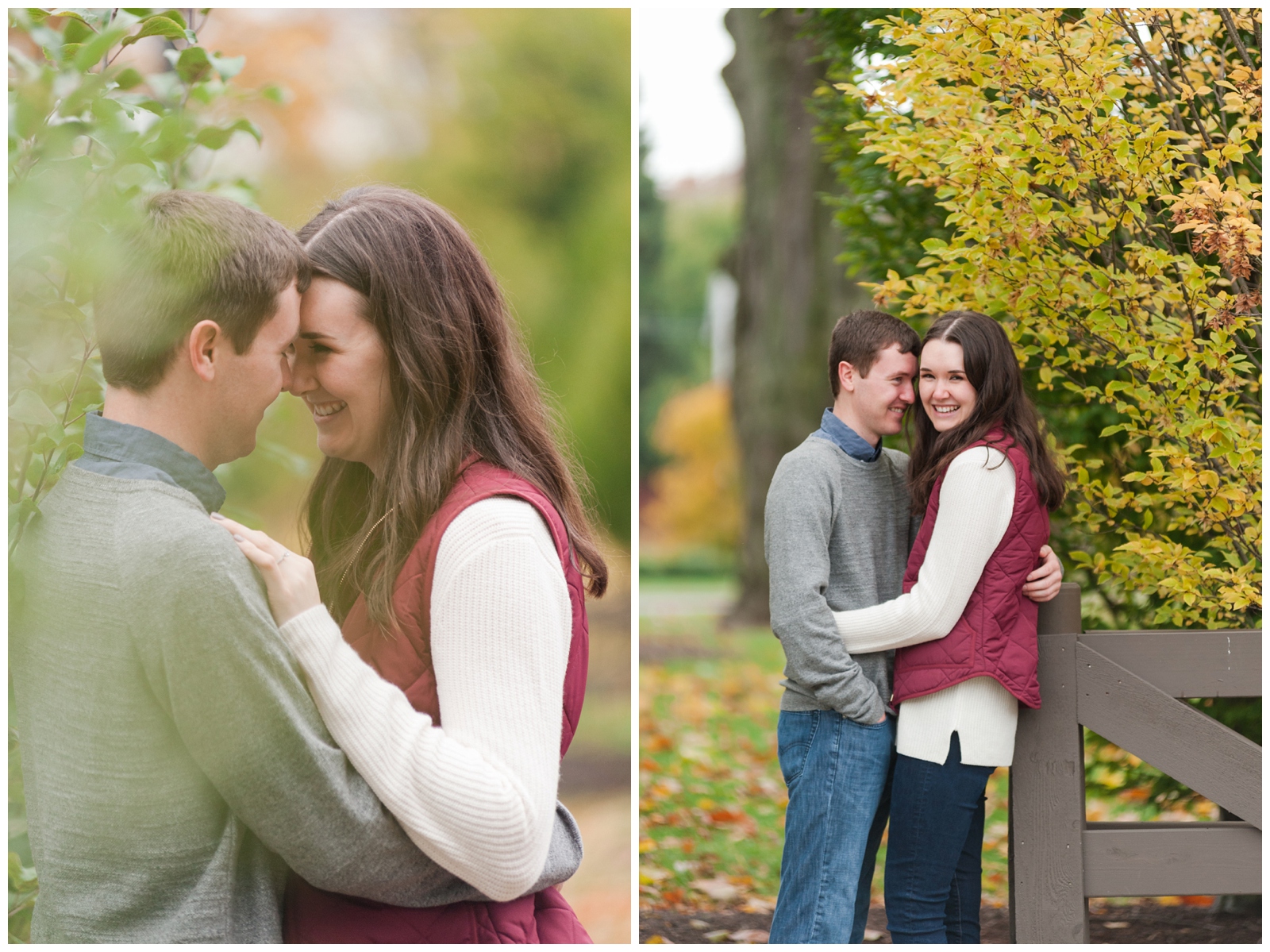woman and man fall engagement photo both looking at each other in the left photo and on the right photo girl is looking at the camera 