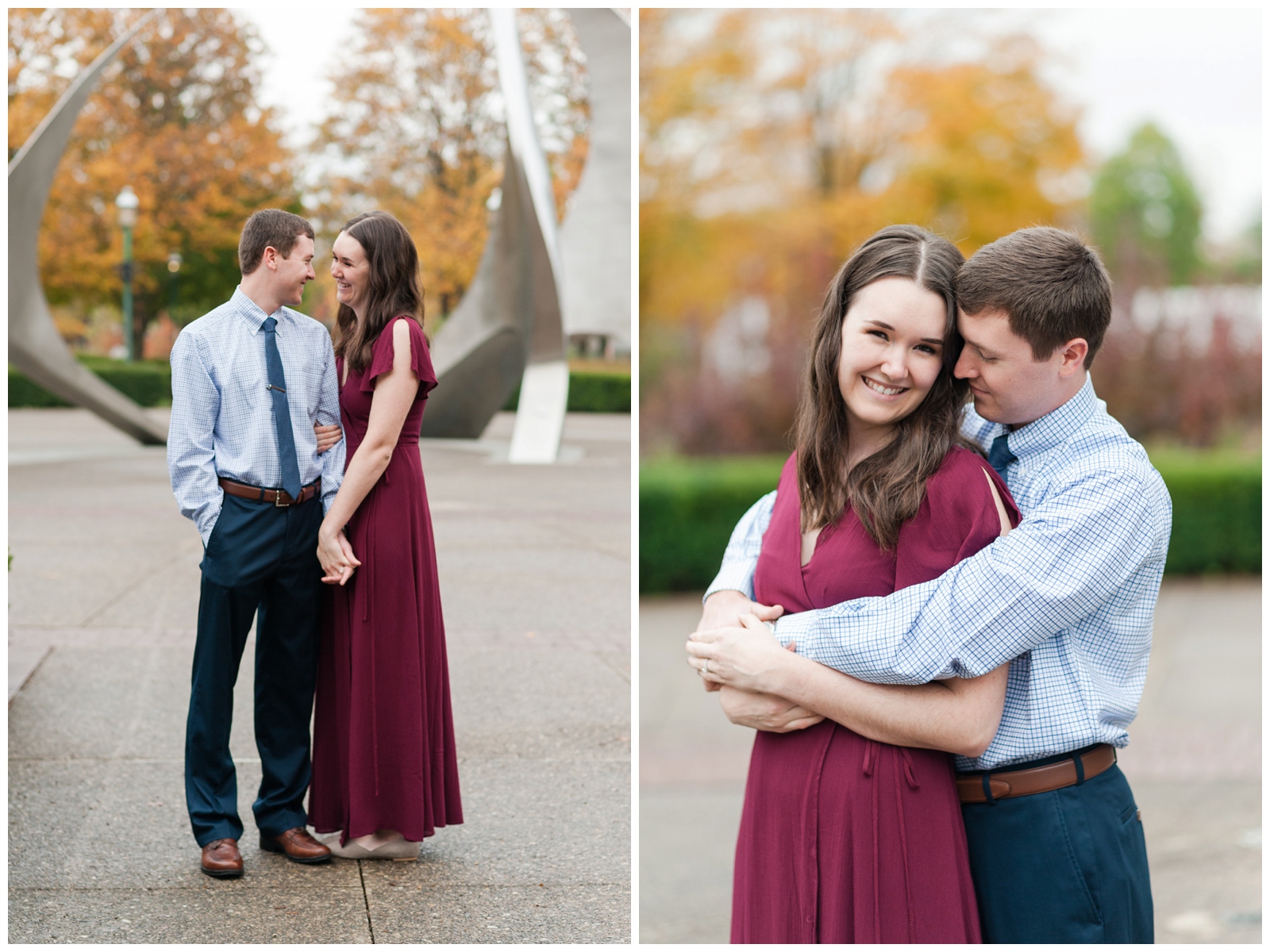 engaged couple taking their engagement photos in the fall time in a burgundy dress and blue suit 