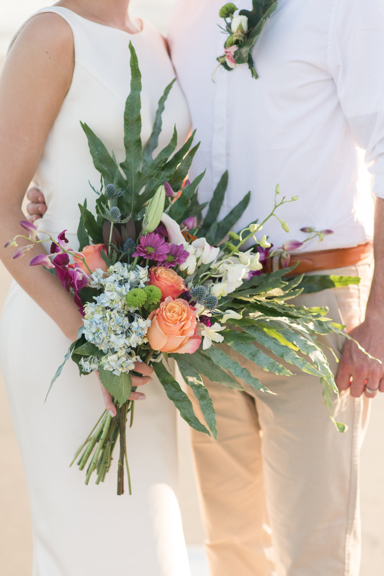 tropical floral arrangement for the bride bouquet on folly beach, south carolina 