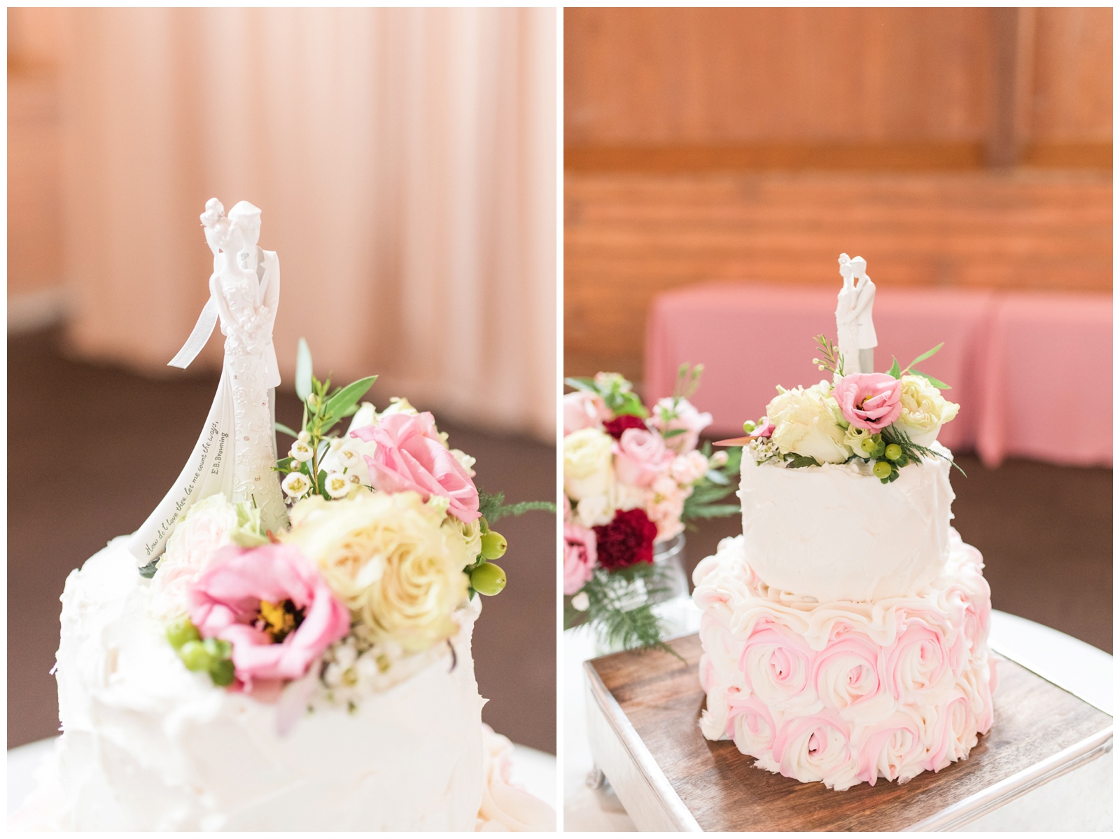 classic blush and ivory wedding Irongate equestrian center wedding cake with pink flowers 