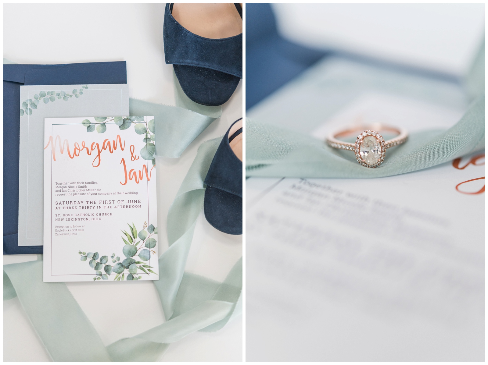 watercolor inspired wedding invitations with greenery by Colleen Irman and navy blue shoes