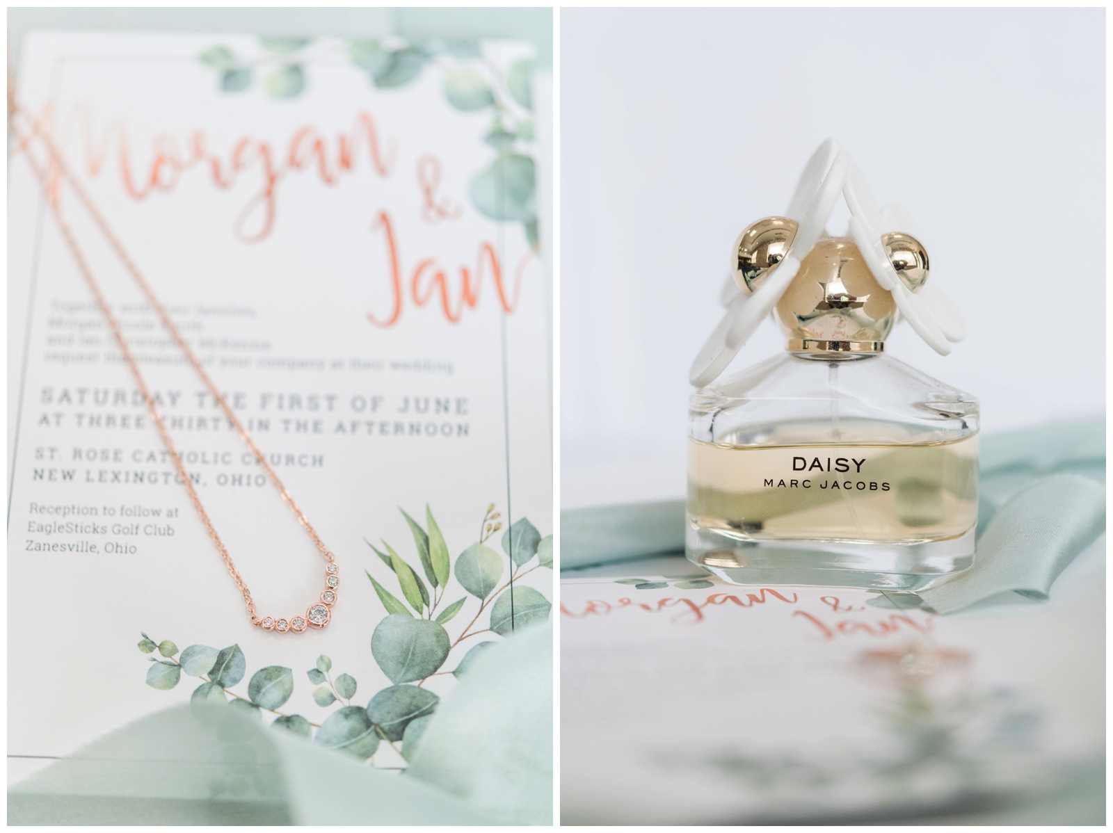 stationery with greenery and Daisy Marc Jacobs perfume bottle photographed by Pipers Photography