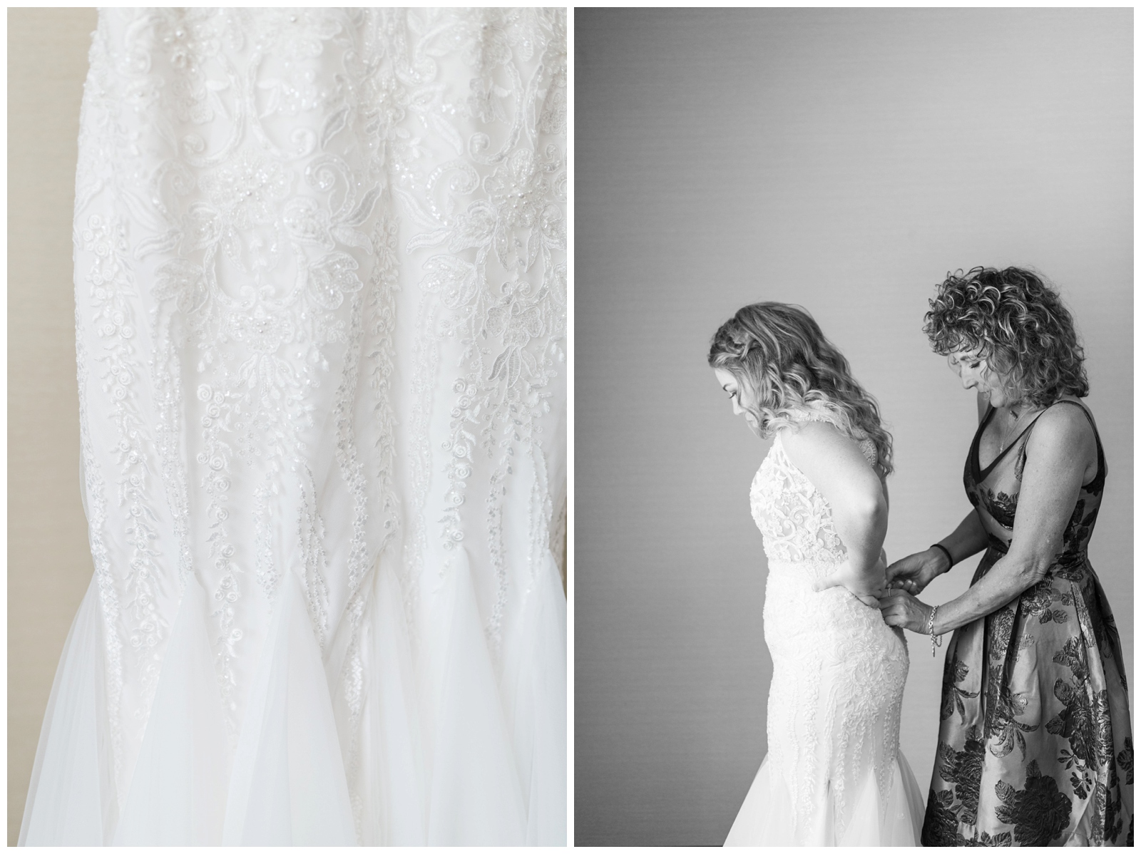 bride gets into lace gown with mother on Ohio wedding day