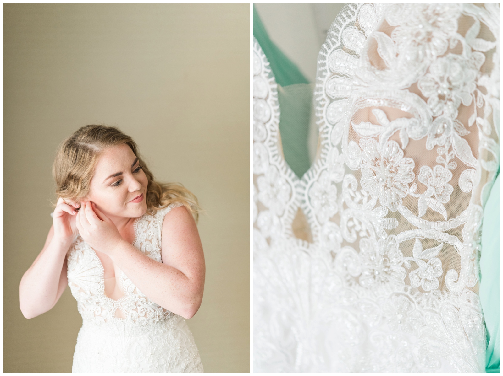 bride puts earrings in before OH wedding day in lace gown