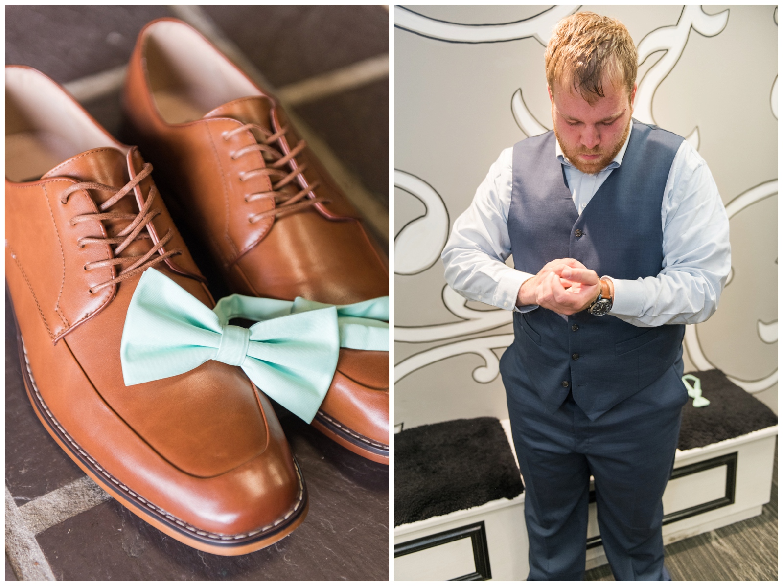 mint tie sits on groom's brown shoes while groom adjusts watch on wedding day